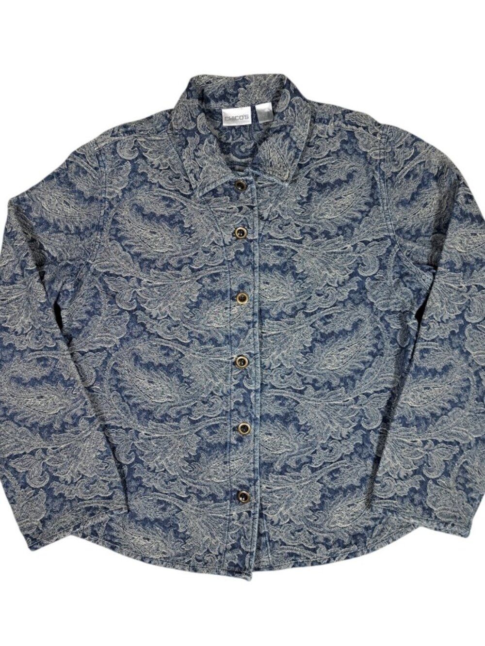 Chicos Denim Jean Jacket Blue Paisley Womens Size Large 12 (2) Button Up Front